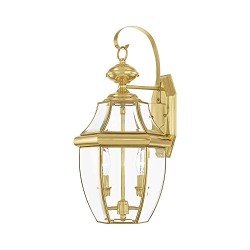 Livex Lighting 2251-02 Monterey 2 Light Outdoor Polished Brass Finish Solid Brass Wall Lantern with Clear Beveled Glass