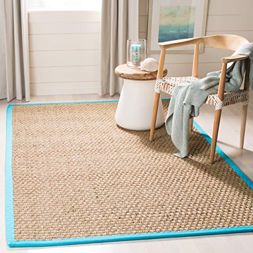 Safavieh Natural Fiber Collection NF114S Basketweave Natural and Turquoise Summer Seagrass Square Area Rug (6' Square)