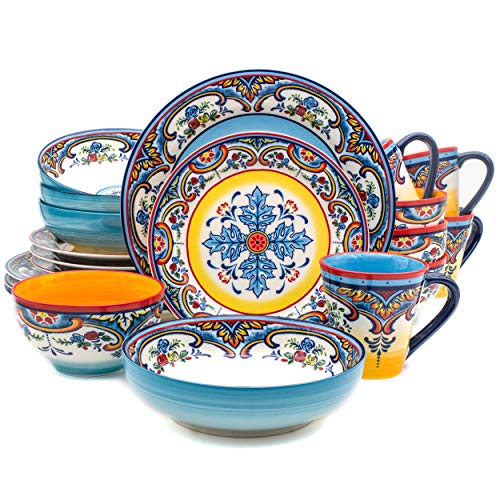 Euro Ceramica Zanzibar Collection Vibrant 20 Piece Oven Safe Stoneware Dinnerware Set, Service For 4, Spanish Floral Design, Multicolor