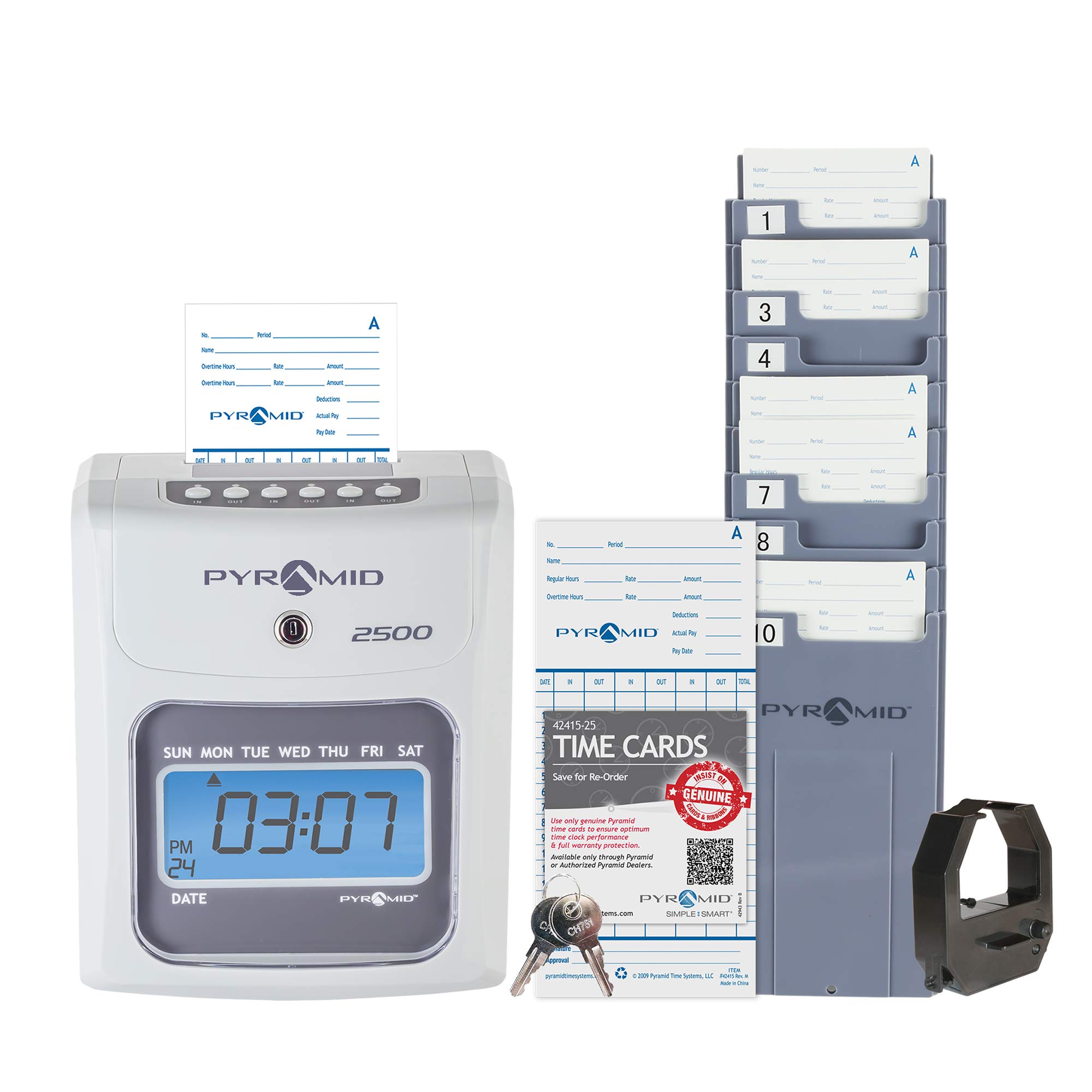 Pyramid Time Systems 2500 Small Business Time Clock Bundle with 100 Time Cards, 1 Ribbon, 1 Time Card Rack, 2 Security Keys - No Employee Limit, ivory