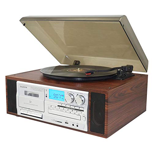 Boytone BT-38SM Bluetooth Classic Turntable Record Player System, AM/FM Radio, CD/Cassette Player, 2 Built-in Stereo Speakers, Record from Vinyl, Radio, and Cassette to MP3, SD Slot, USB, AUX.
