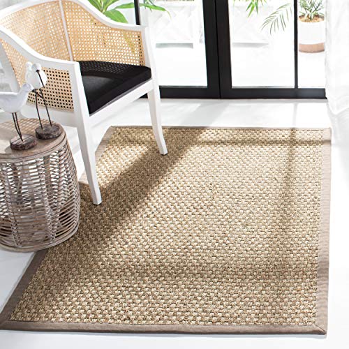 Safavieh Natural Fiber Collection NF114P Basketweave Natural and Grey Summer Seagrass Square Area Rug (9' Square)