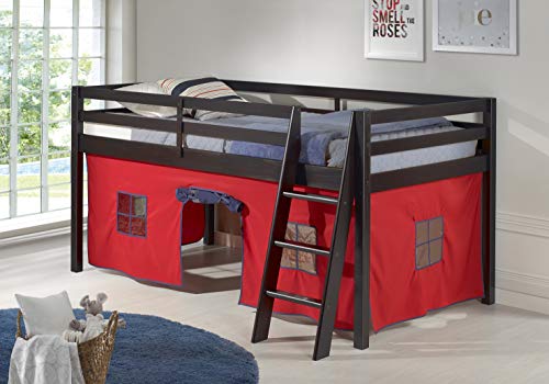 Alaterre Furniture Roxy Pine Twin Junior Loft Bed, Espresso with Red & Blue Tent