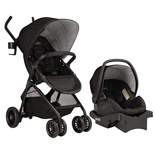 Evenflo Sibby Travel System, Stroller, Car Seat, Ride-Along Board, Oversized Storage Basket, 3-Panel Canopy, Multiple-Position Recline, Easy to Fold and Store, Materials, Charcoal