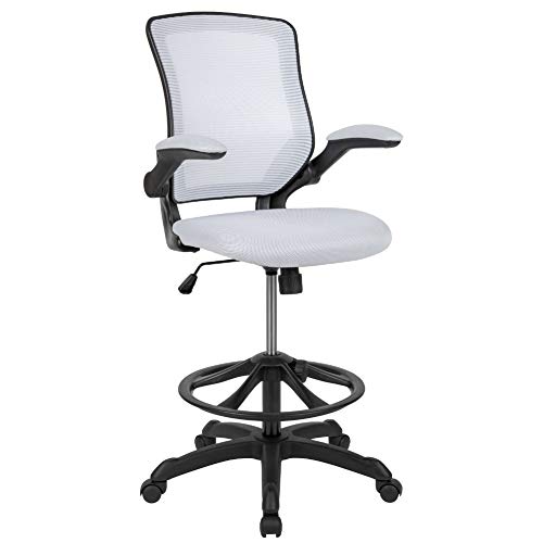 Flash Furniture Mid-Back White Mesh Ergonomic Drafting Chair with Adjustable Foot Ring and Flip-Up Arms