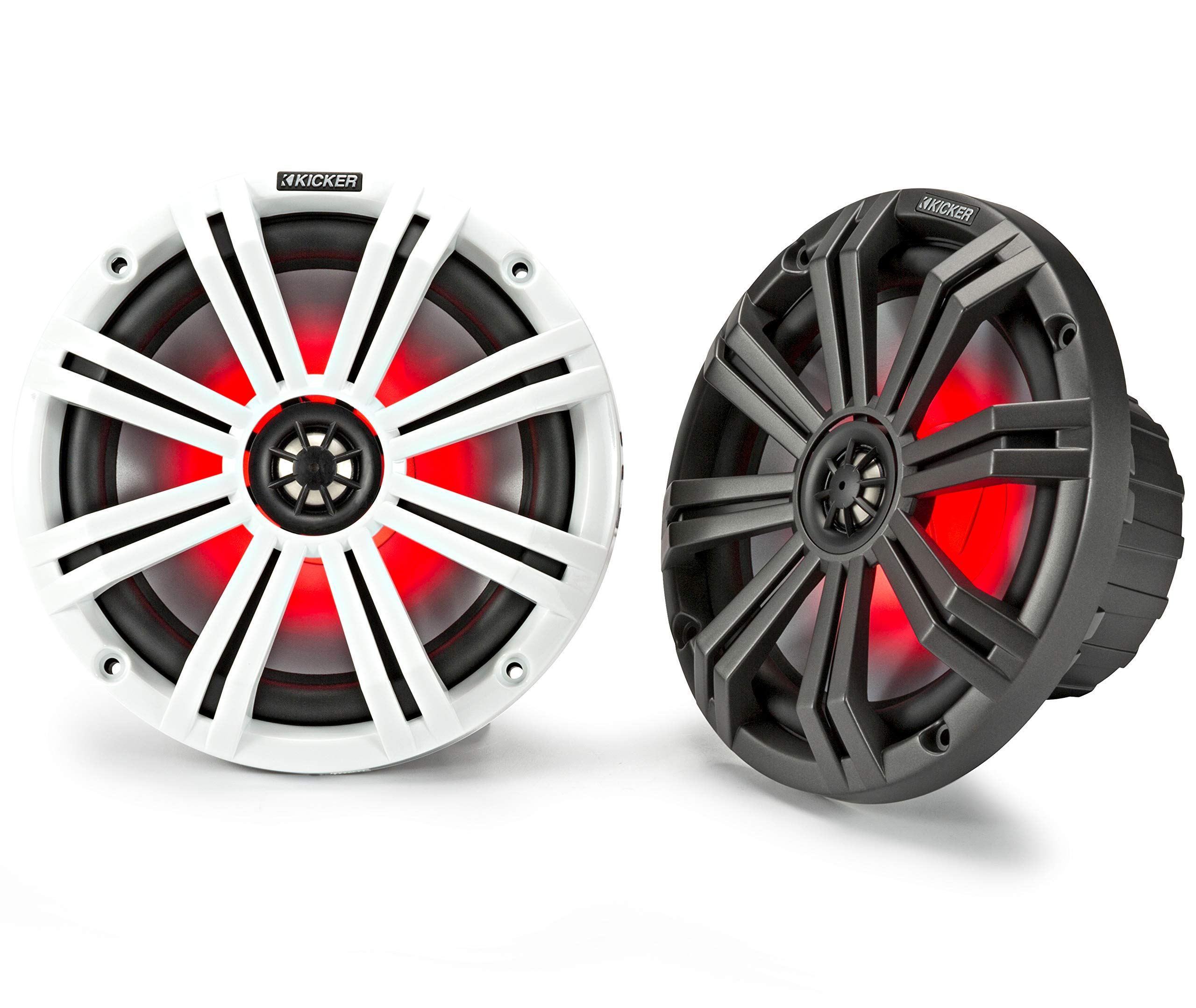 Kicker 45KM84L 8-Inch Marine Coaxial Boat Speakers, Black and White Grilles, Red LED Lights, 4-Ohm, 300 Max Watts, Pair
