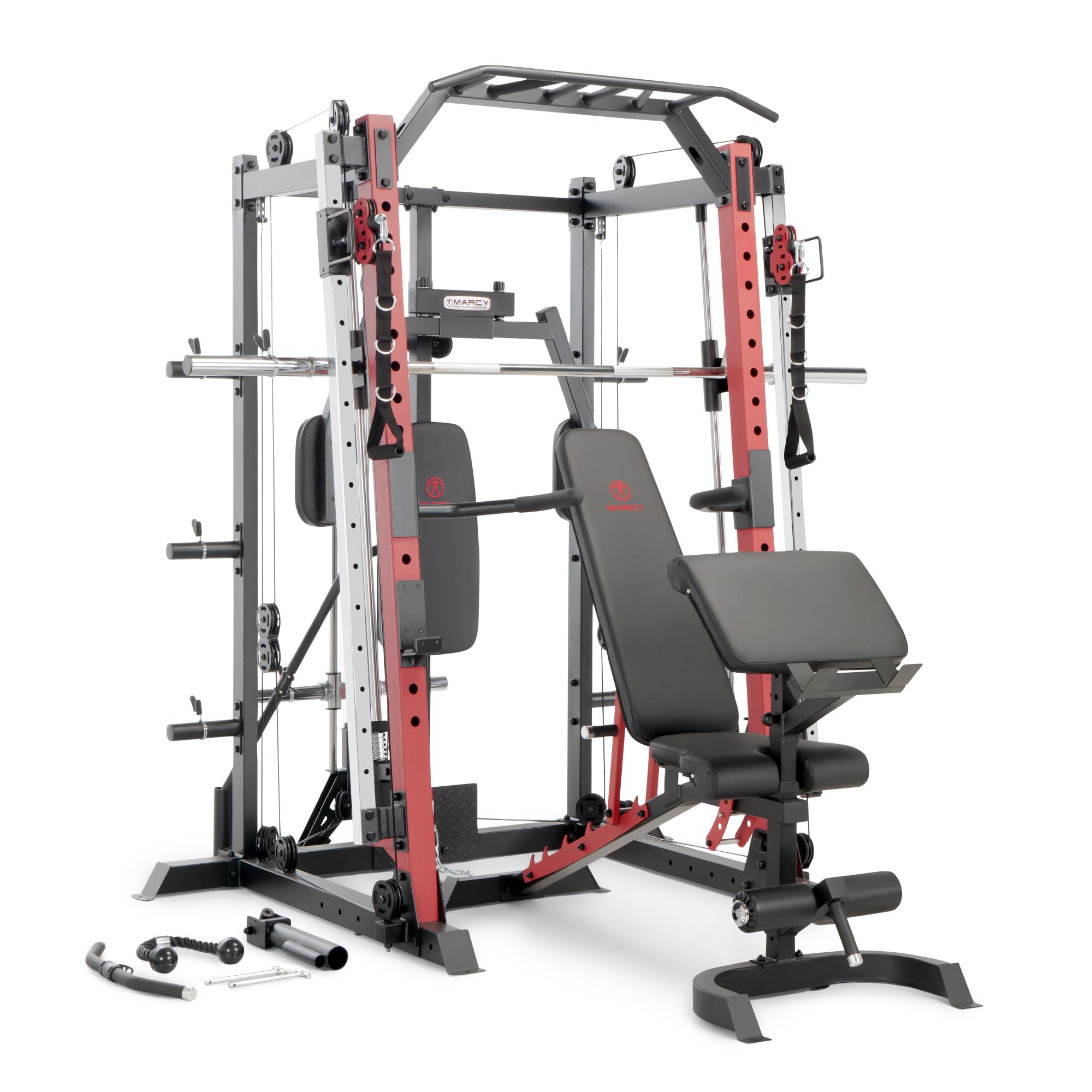 Marcy Smith Machine Cage System Home Gym Multifunction Rack, Customizable Training Station SM-4033, Red