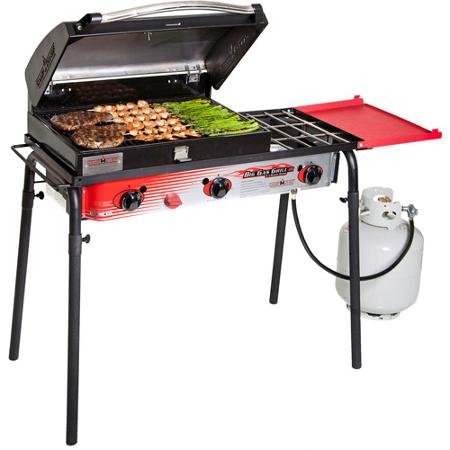 Camp Chef Portable Gas Grill with Folding Side Shelf, Hinged Lid and Massive Grill Surface, 3 Powerful 30,000 BTU Cast Burners and Convenient Carry Handles