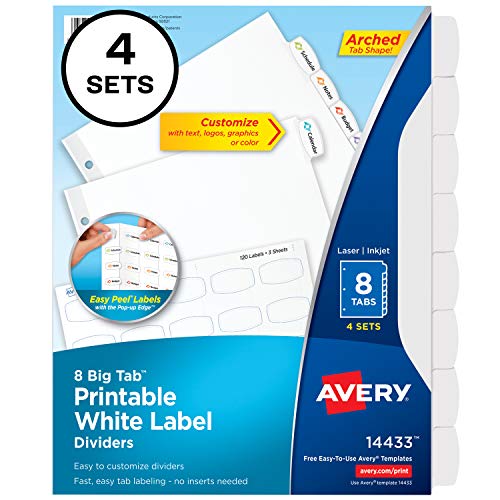 Avery Big Tab Printable White Label Dividers with Easy Peel, 8 Tabs, 4 Sets (14433)