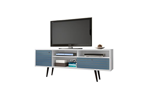 Manhattan Comfort Liberty Collection Mid Century Modern TV Stand With Three Shelves, One Cabinet and One Drawer With Splayed Legs, Blue/White