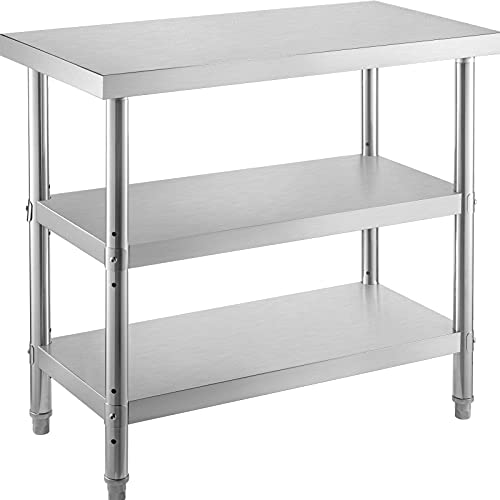 VEVOR Stainless Steel Prep Table, 48 x 18 x 34 Inch, 550lbs Load Capacity Heavy Duty Metal Worktable with Adjustable Undershelf, Commercial Workstation for Kitchen Restaurant Garage Backyard