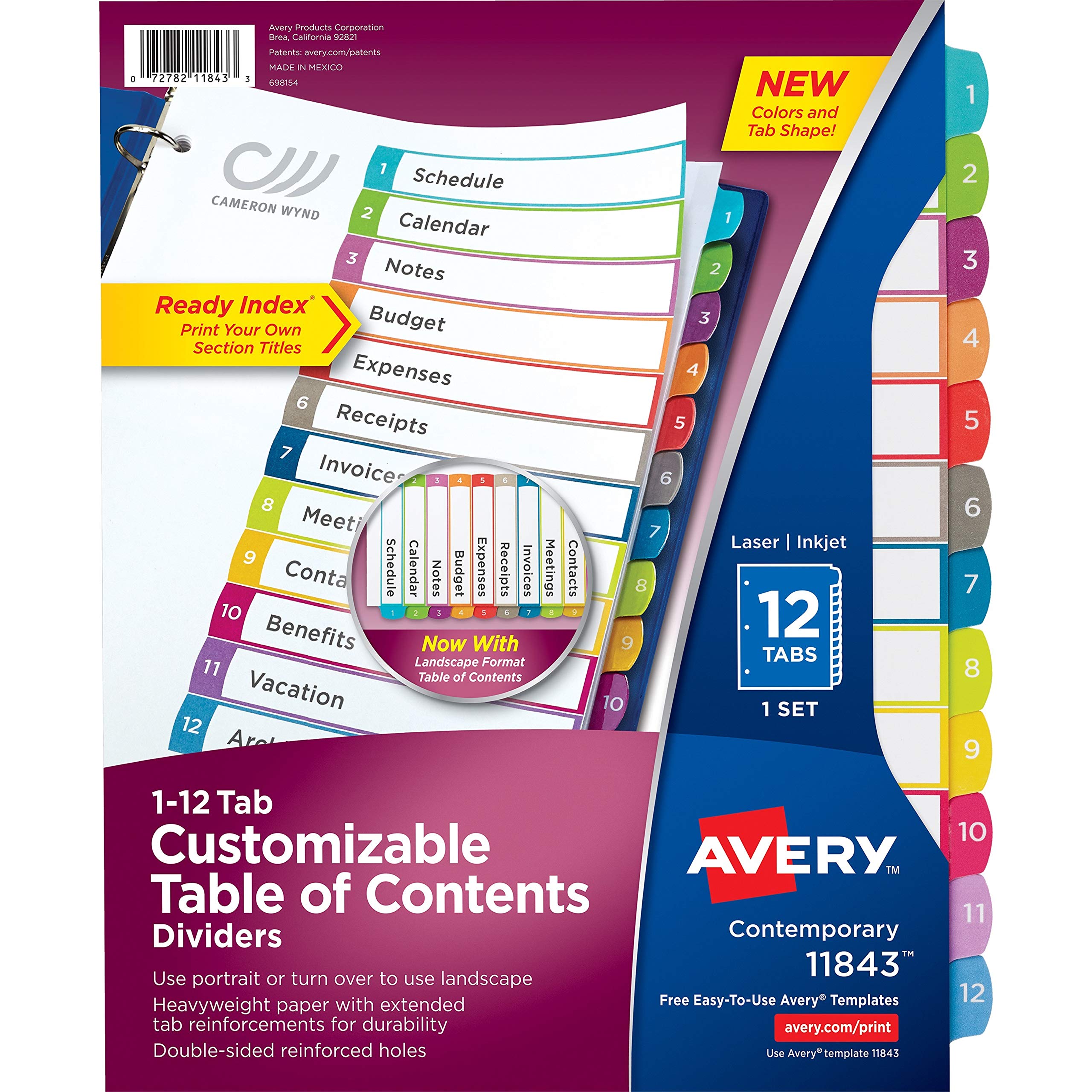 Avery 12 Tab Dividers for Customizable Table of Contents Multicolor 14