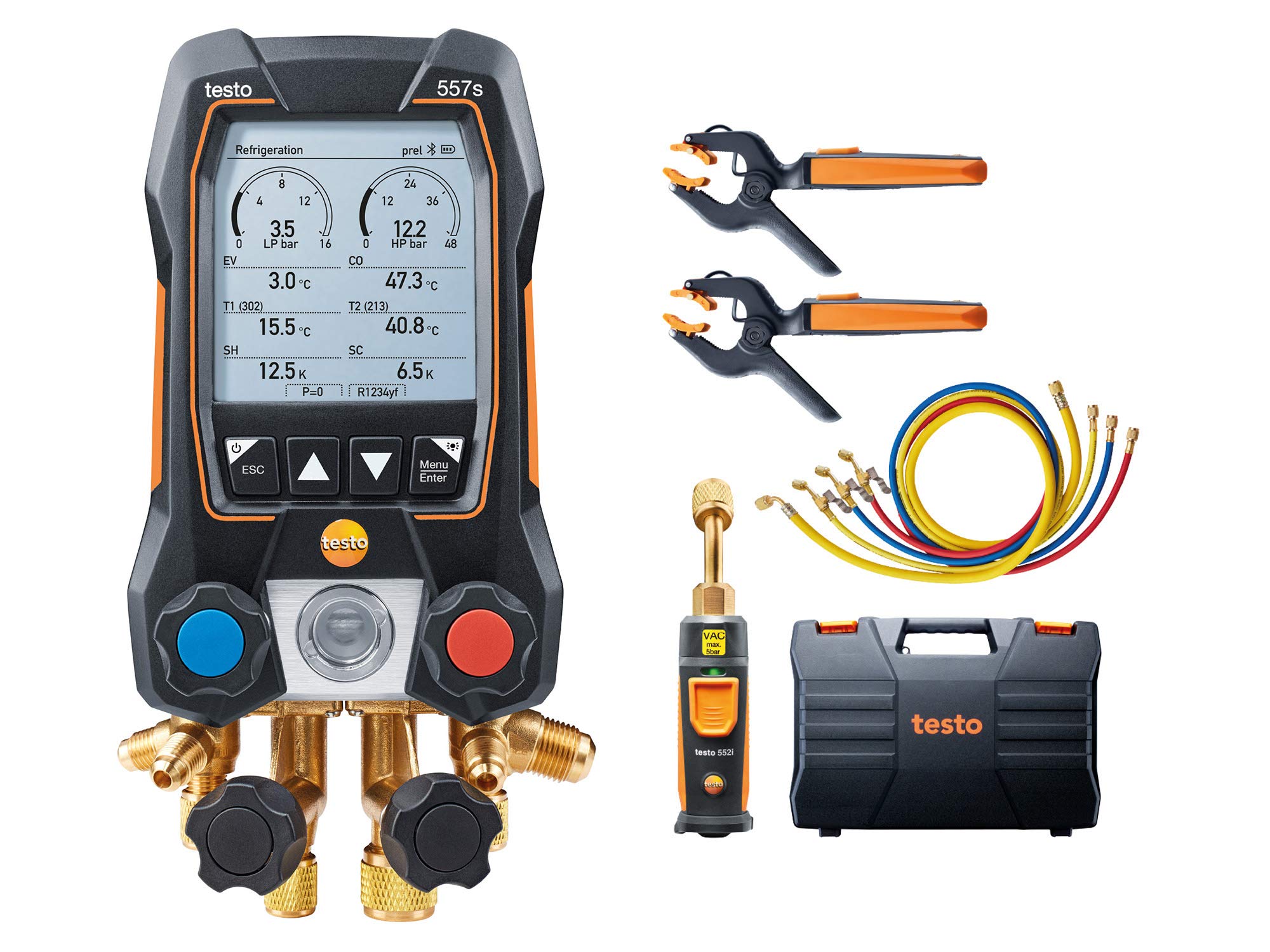 Testo 557s Kit I App Operated Digital Manifold, 2 x  115i Pipe Clamp Thermometer, 1 x  552i Micron Gauge, 4 x Hoses I for HVAC Systems – with Bluetooth