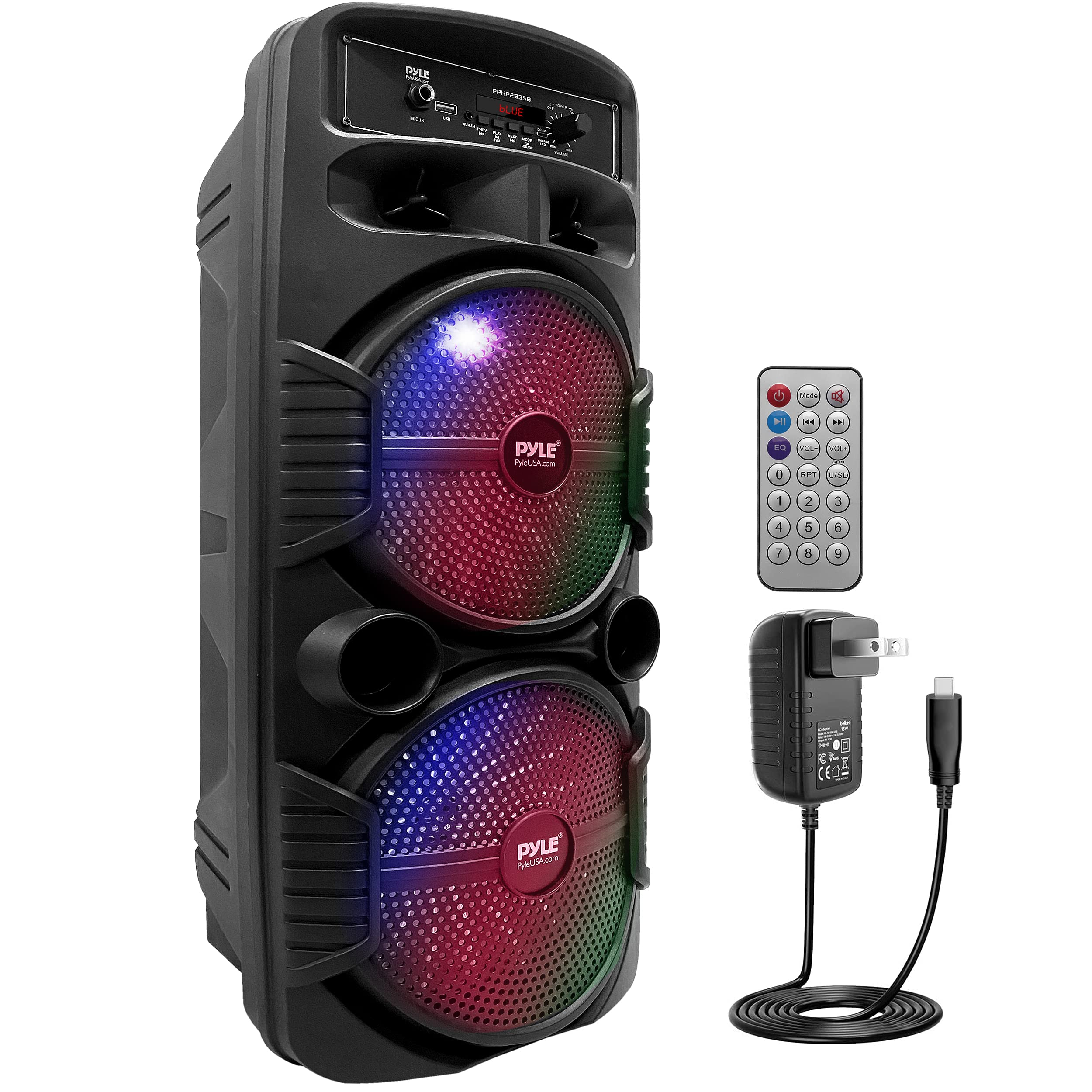  Pyle Portable Bluetooth PA Speaker System - 600W Rechargeable Outdoor Bluetooth Speaker Portable PA System w/ Dual 8” Subwoofer 1” Tweeter, Microphone In, Party Lights, USB, Radio, Remote - PPHP2835B...