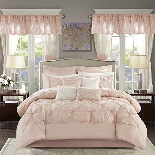 Madison Park Essentials Joella 24 Piece Room in a Bag Comforter Luxurious Diamond Tufting Matching Curtains Luxe Soft Down Alternative Hypoallergenic All Season Bedding-Set, Queen, Blush