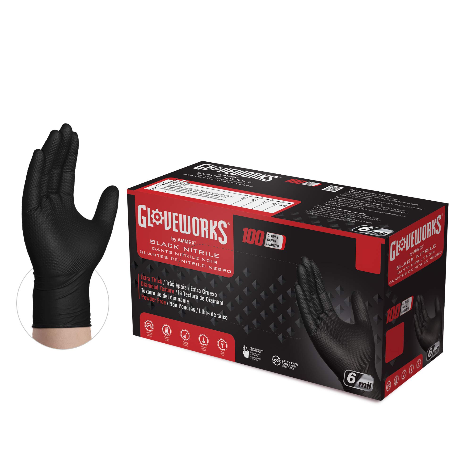 GLOVEWORKS HD Black Nitrile Industrial Disposable Gloves, 6 Mil, Latex & Powder-Free, Food-Safe, Raised Diamond Texture