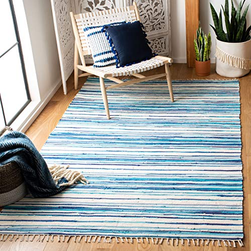 Safavieh Rag Rug Collection RAR126B Hand-Woven Ivory and Blue Flatweave Cotton Area Rug (9' x 12)