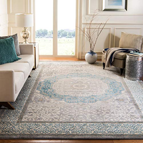 Safavieh Sofia Collection SOF365A Vintage Light Grey and Blue Center Medallion Distressed Square Area Rug (6'7