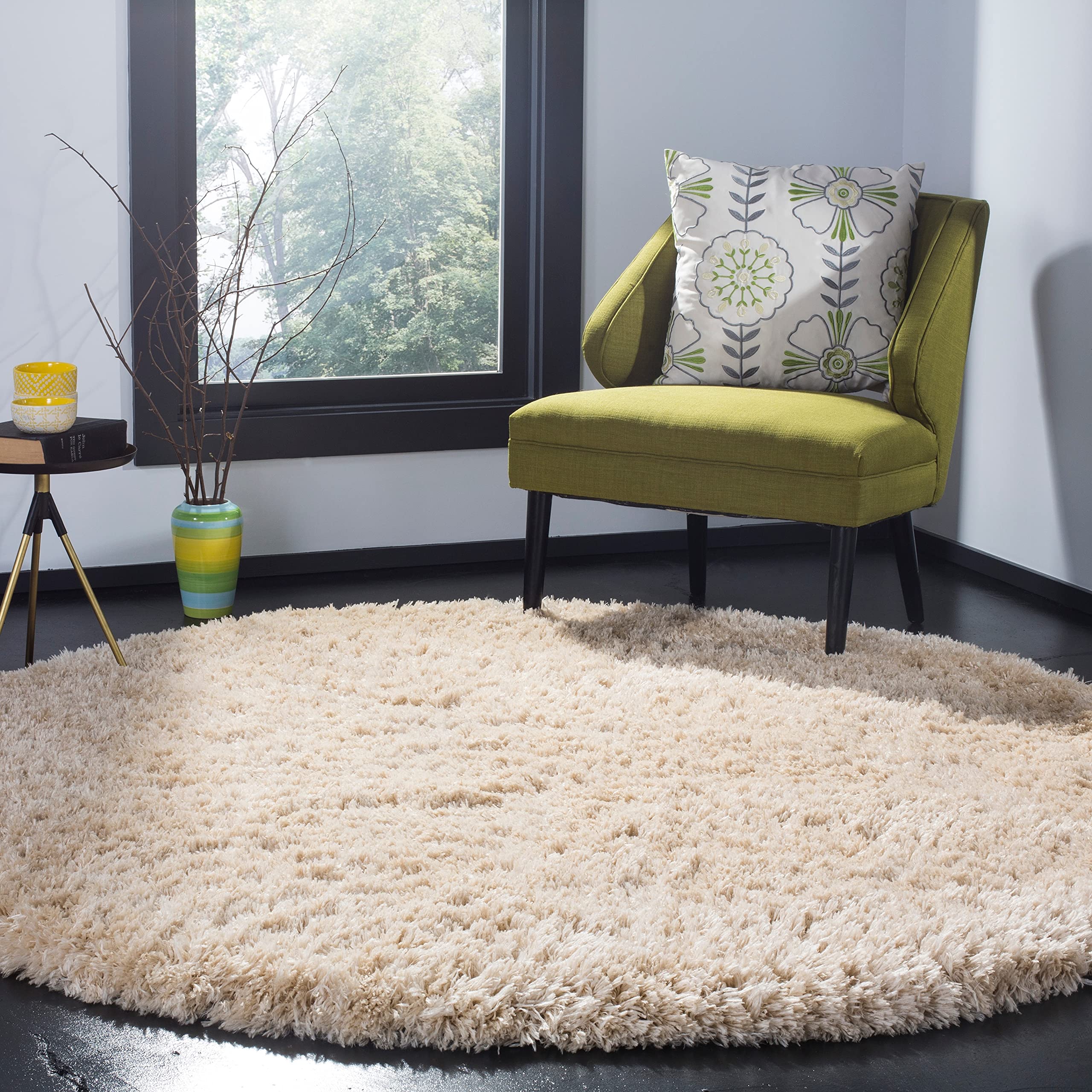 Safavieh Polar Shag Collection Area Rug - 4' Round, Light Beige, Solid Glam Design, Non-Shedding & Easy Care, 3-inch Thick Ideal for High Traffic Areas in Living Room, Bedroom (PSG800A)