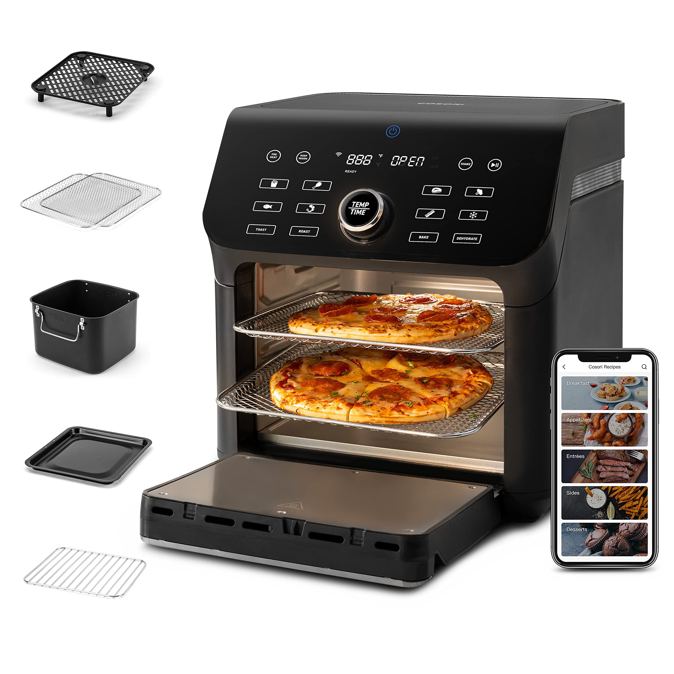 COSORI Air Fryer Toaster Oven Combo, 10 Qt Family Size, 14-in-1 Functions with Dehydrate, Roast, Smart Control Through Phone & Voice, 1000+ In-APP Recipes & 6 Dishwasher -Safe Accessories, Black