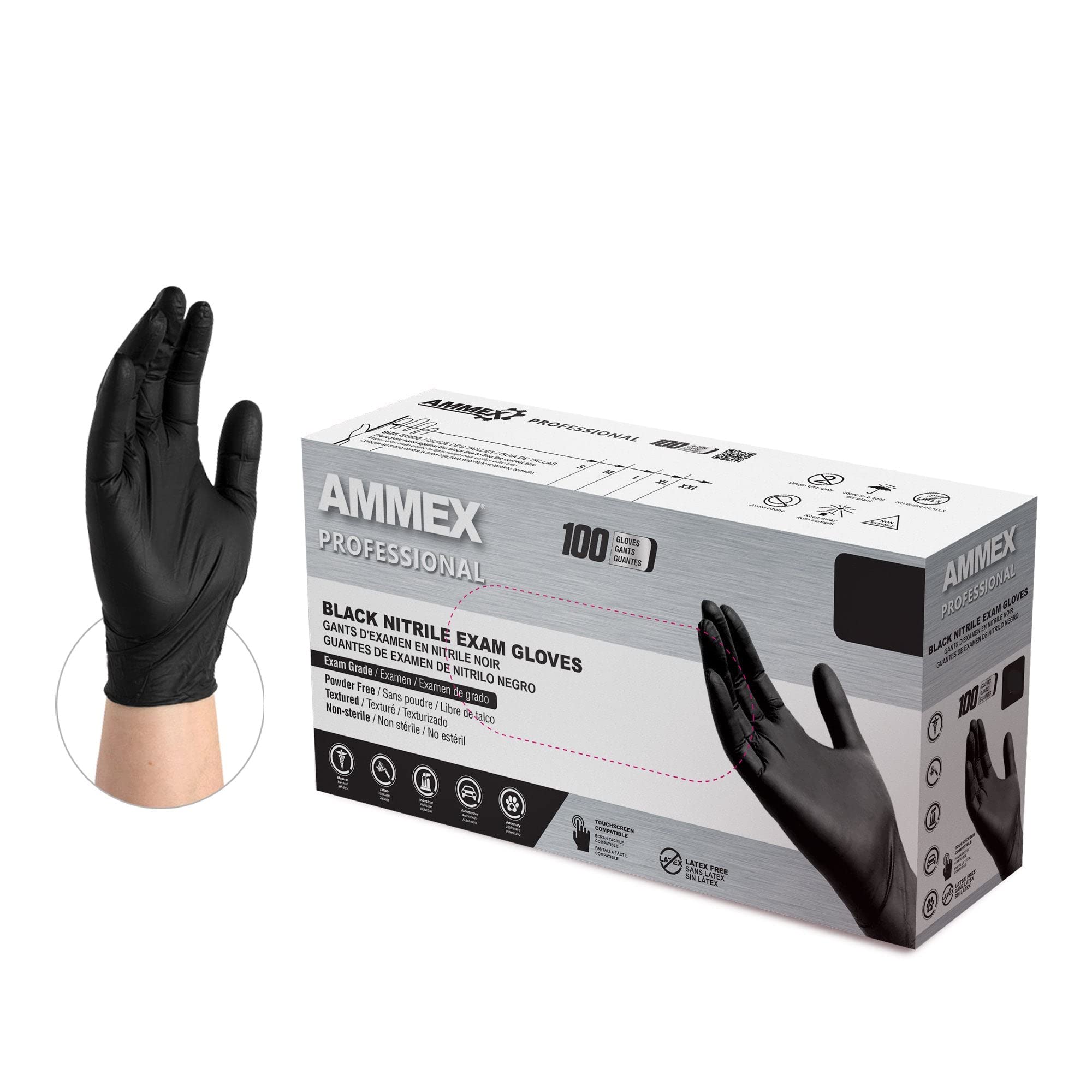 Ammex Black Medical/Exam Nitrile Disposable Gloves Latex-Free, Powder-Free