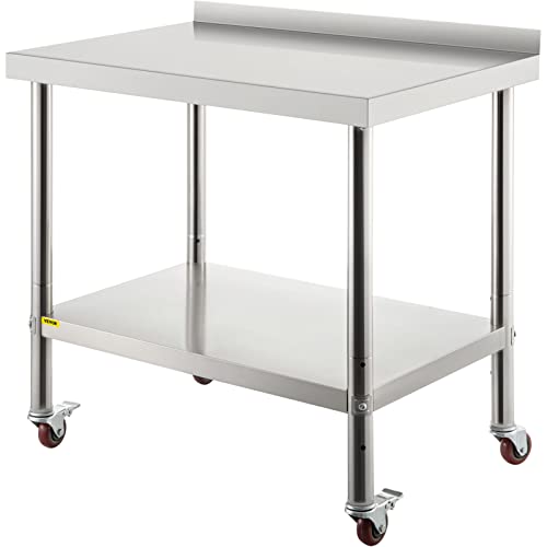 VEVOR Stainless Steel Prep Table, 440lbs Load Capacity Heavy Duty Metal Worktable with Backsplash Adjustable Undershelf & 4 Casters, Commercial Workstation for Kitchen Restaurant