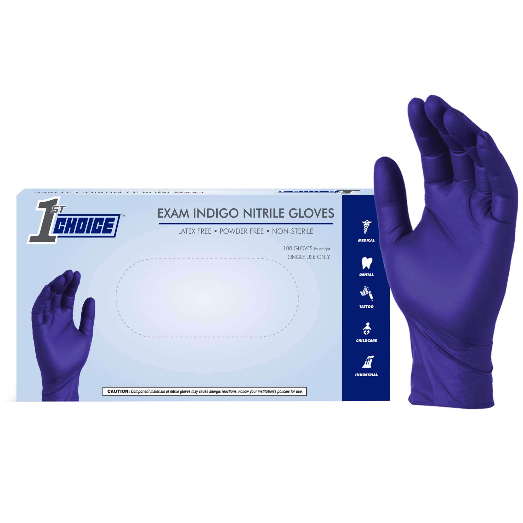 1st Choice Nitrile Disposable Exam Gloves, 3-mil, Latex-Free, Food-Safe, Indigo & Blue Options, 100/Box, 1000/Case