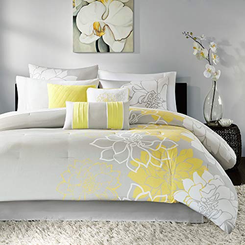 Madison Park Lola Sateen Cotton Comforter Set-Casual Medallion Floral Design All Season Down Alternative Bedding, Shams, Bedskirt, Decorative Pillows, Cal King(104