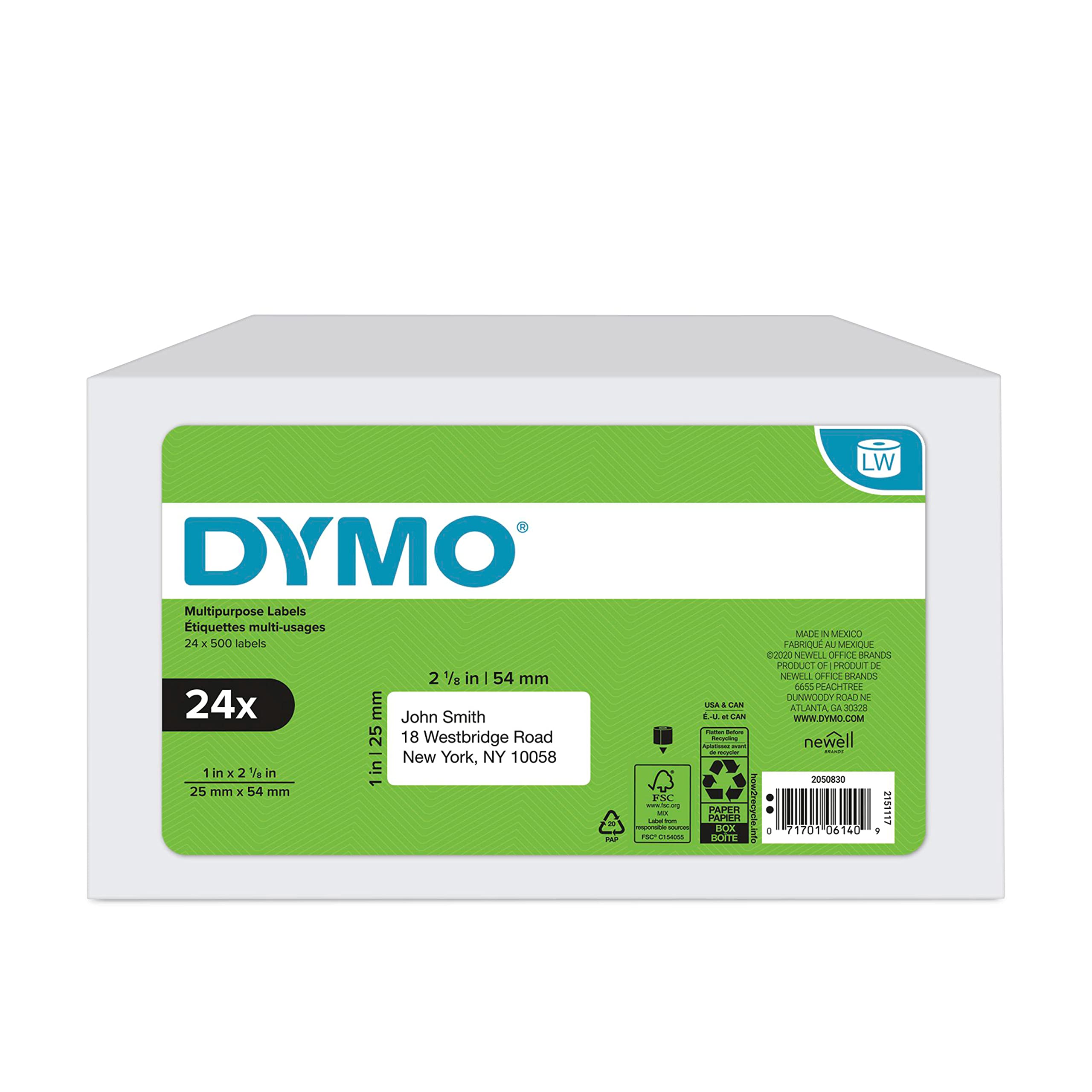 DYMO Authentic LabelWriter Multi-Purpose Labels for LabelWriter Label Printers, White, 1'' x 2-1/8'' (30336), 24 Rolls of 500
