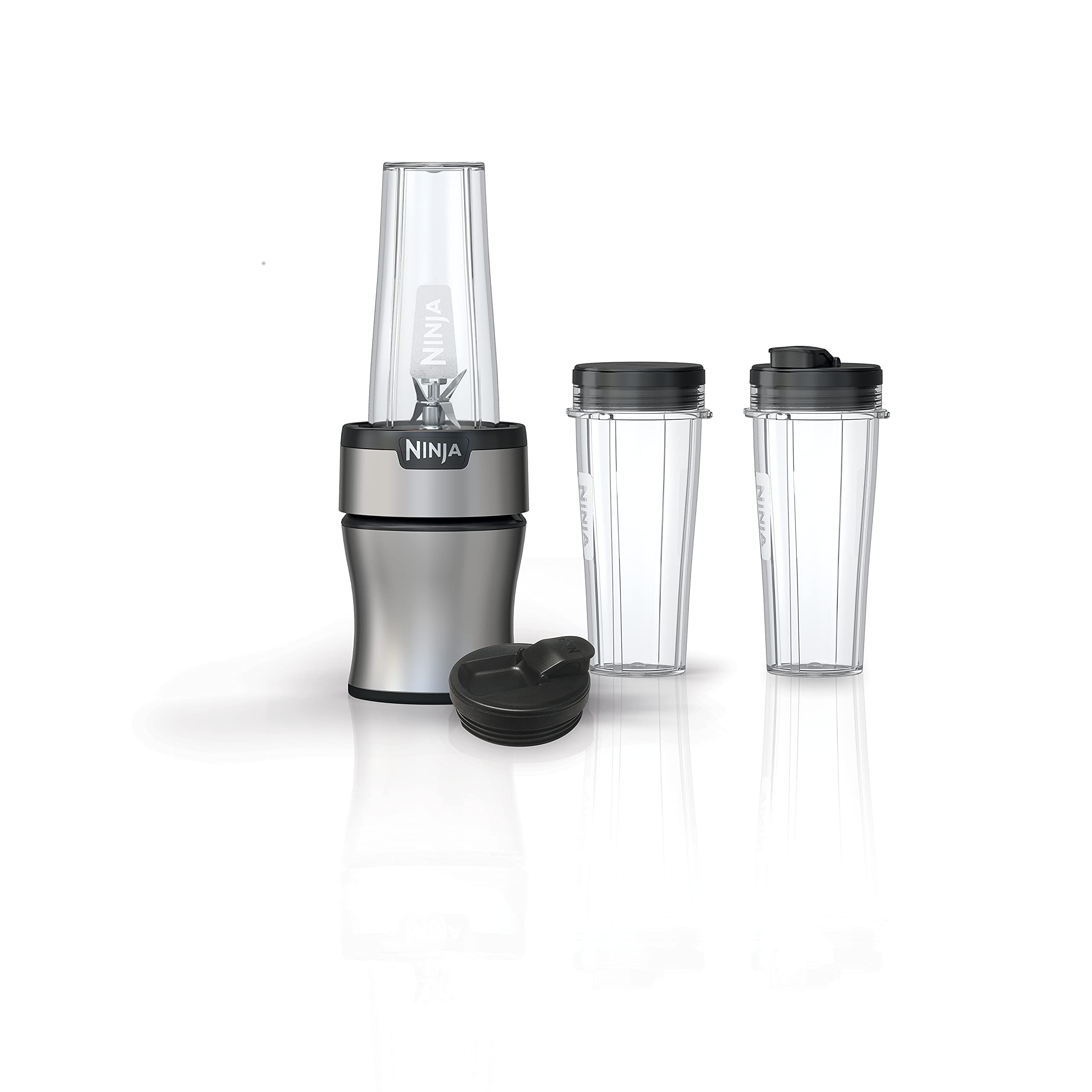 Ninja BN301 Nutri-Blender Plus Compact Personal Blender, 900-Peak-Watt Motor, Frozen Drinks, Smoothies, Sauces & More, (3) 20 oz. To-Go Cups, (2) Spout-Lids (1) Storage-Lid, Dishwasher Safe, Silver