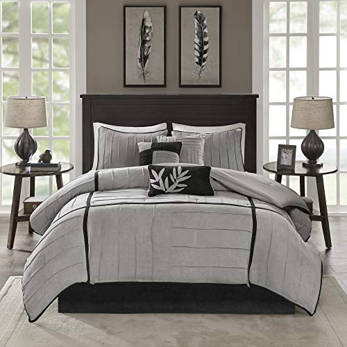 Madison Park Cozy Comforter Set Casual Blocks Design All Season, Matching Bed Skirt, Decorative Pillows, Cal King(104