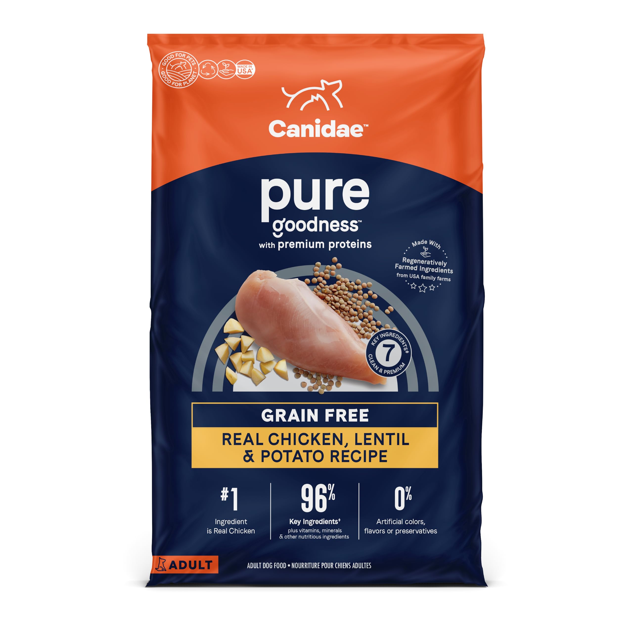 Canidae Pure Limited Ingredient Premium Adult Dry Dog Food, Real Chicken, Lentil & Potato Recipe, 22 lbs, Grain Free