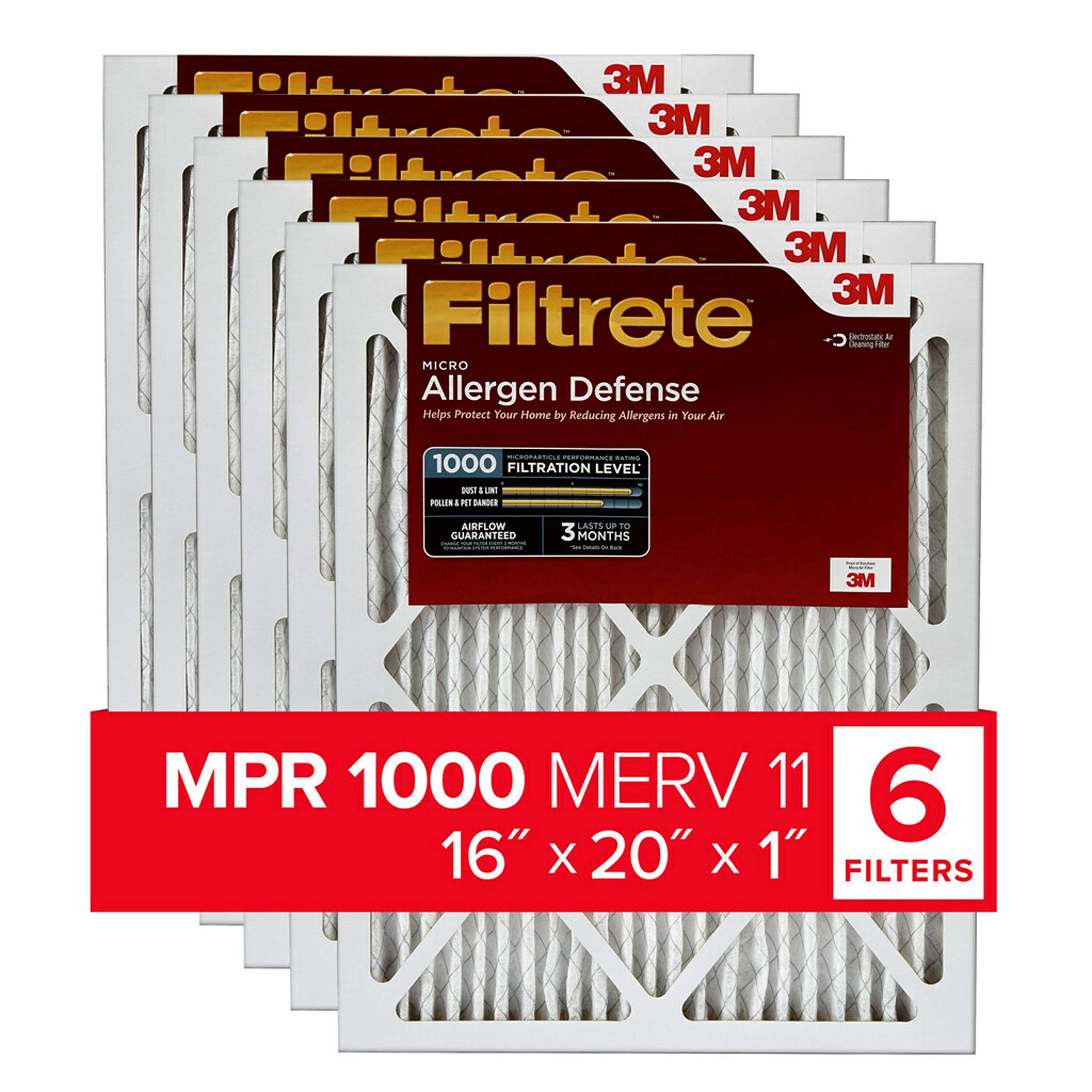 Filtrete 16x20x1 Air Filter MPR 1000 MERV 11, Allergen Defense, 6-Pack (exact dimensions 15.69x19.69x0.81)