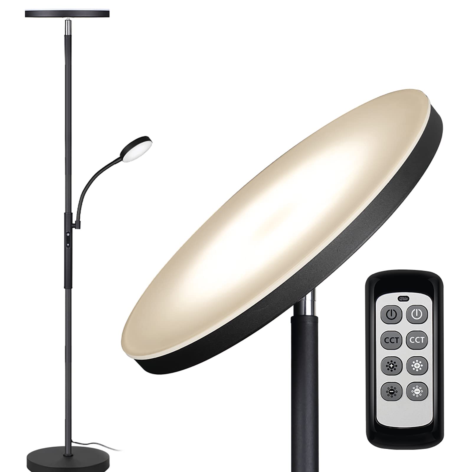 Dimunt Floor Lamp LED Floor Lamps for Living Room Bright Lighting, 27W/2000LM Main Light and 7W/350LM Side Reading Lamp, Adjustable 3 Colors Tall Lamp with Remote & Touch Control