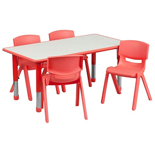 Flash Furniture 23.625''W x 47.25''L Rectangular Red Plastic Height Adjustable Activity Table Set with 4 Chairs