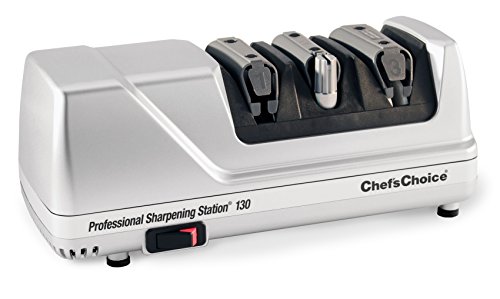 Chef?sChoice 130 Professional Electric Knife Sharpening Station for Straight and Serrated Knives Diamond Abrasives and Precision Angle Guides Made in USA, 3-Stages, Platinum