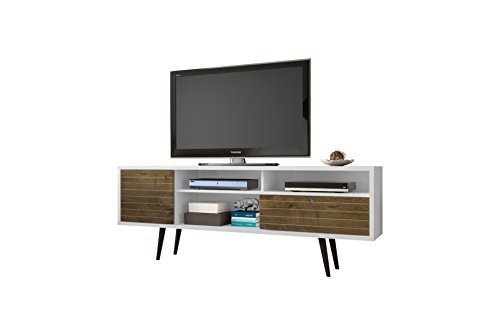 Manhattan Comfort Liberty Collection Mid Century Modern TV Stand With Three Shelves, One Cabinet and One Drawer With Splayed Legs, White/Wood