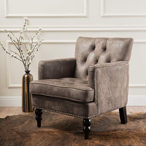 Great Deal Furniture Christopher Knight Home Medford Brown Tufted Club, Fabric Chair with Studded Nailhead Accents, Greyish