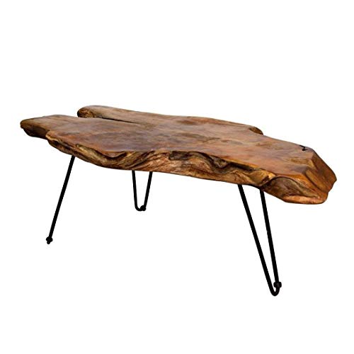 Anya & Niki Badang Carving Natural Wood Edge Teak Contemporary Coffee Cocktail Table with Clear Lacquer Finish and Metal Hairpin Legs for Living Room