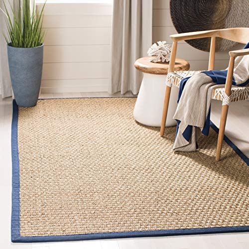 Safavieh Natural Fiber Collection NF114E Basketweave Natural and Blue Summer Seagrass Square Area Rug (8' Square)
