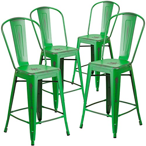 Flash Furniture 4 Pk. 24'' High Distressed Green Metal Indoor-Outdoor Counter Height Stool with Back