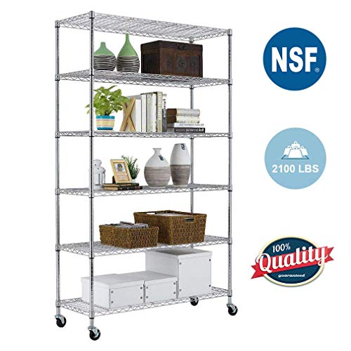 FDW 6 Tier Wire Shelving Unit with wheels Metal Shelf organizer Heavy Duty Storage Unit Wire Rack NSF Certification Commercial Grade Utility for Bathroom Office 2100LBS Capacity-18x48x82 Chrome