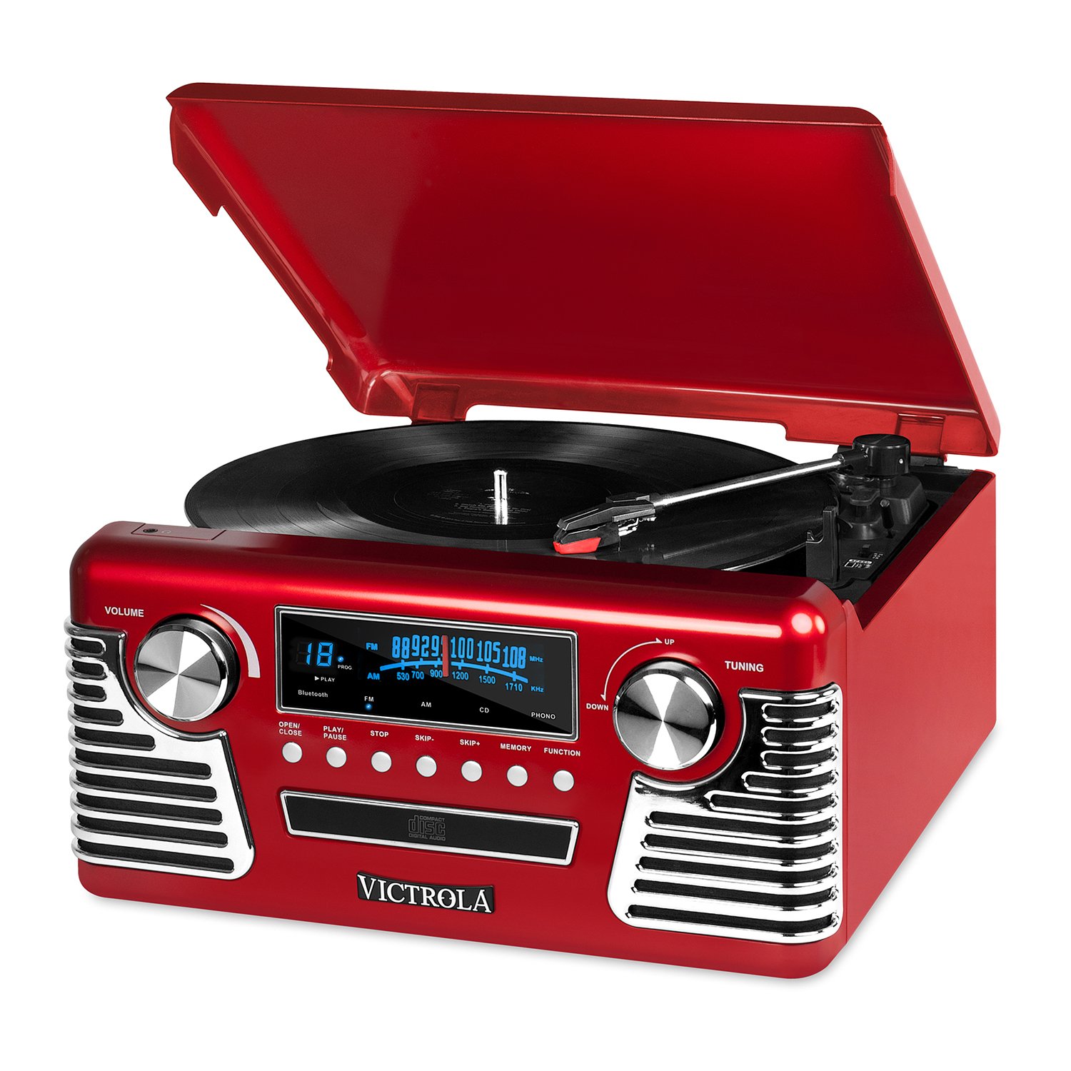 Innovative Technology Victrola 50's Retro 3-Speed Bluetooth Turntable with Stereo, CD Player and Speakers, Red
