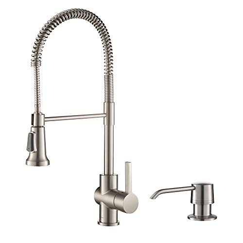 Kraus KPF-1690SFS-KSD-31SFS Britt Commercial Style Spot Free Stainless Steel Pre-Rinse Kitchen Faucet with Deck Plate and Soap Dispenser