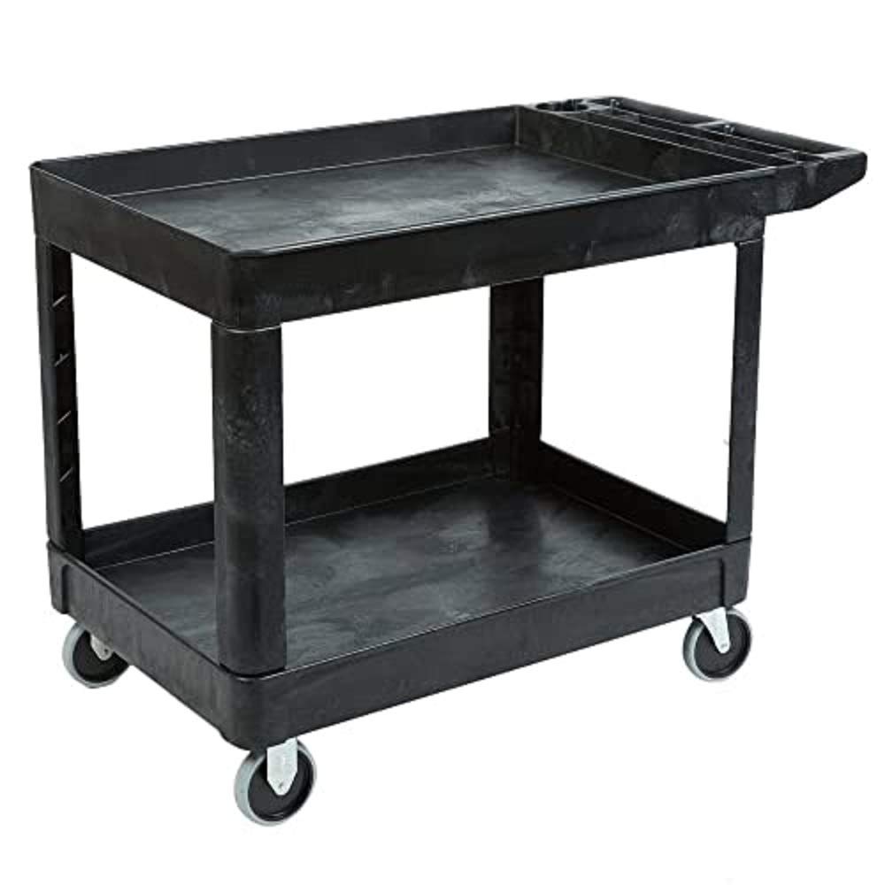 Rubbermaid 2-Shelf Utility/Service Cart, Medium, Lipped Shelves, Storage Handle, 500 lbs. Capacity, for Warehouse/Garage/Cleaning/Manufacturing (FG452089BLA)