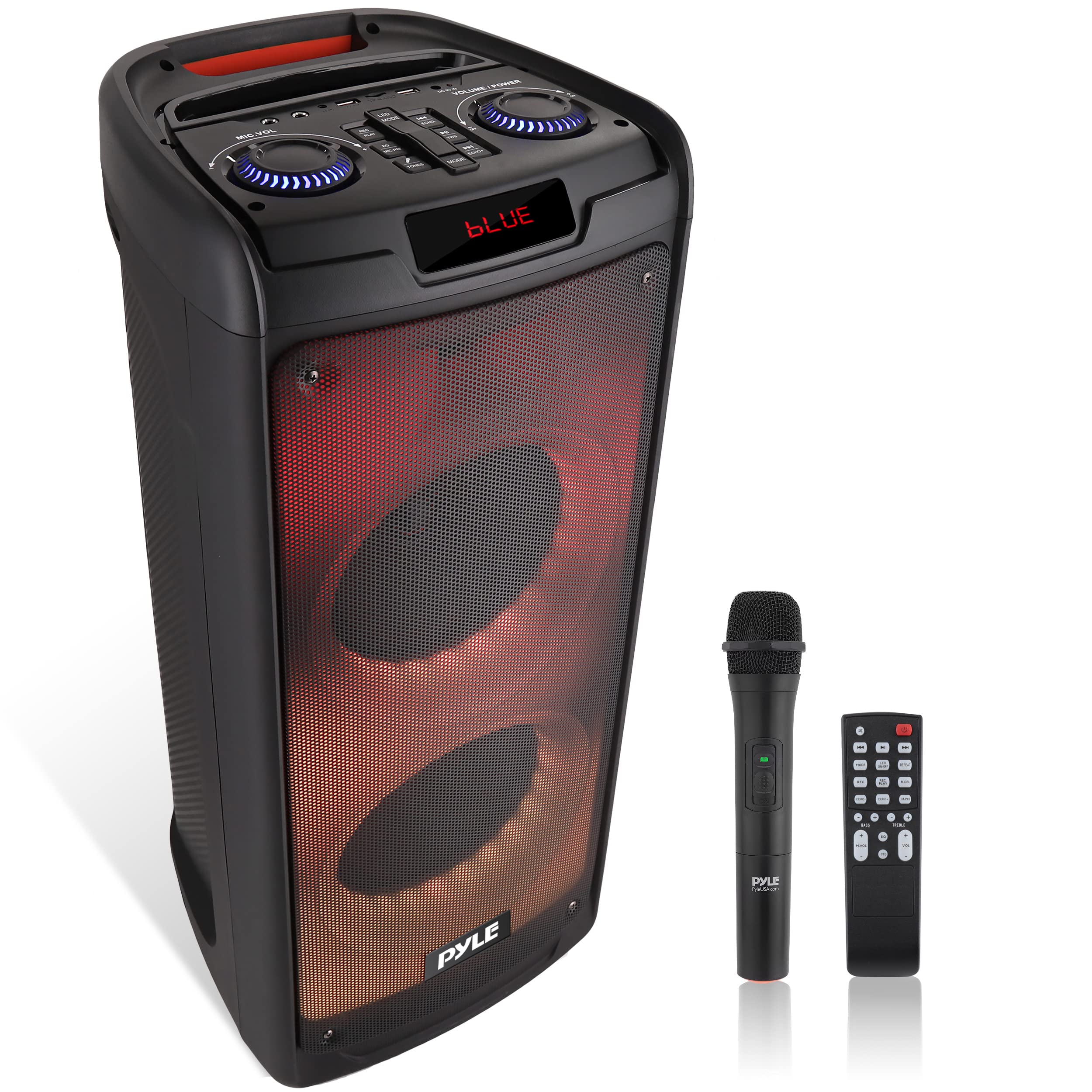 Pyle Portable Bluetooth PA Speaker System - 500W Rechargeable Indoor Outdoor Stereo w/ Dual 8” Woofer & Tweeter, Audio Recording, Wireless Microphone, Flaming Light, Radio, MP3/USB/Micro SD, Remote