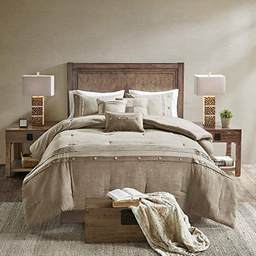 E&E Co. Ltd DBA JLA Home Madison Park Boone 7 Piece Faux Suede Comforter Embroidered Pillows, Bedskirt and Shams Cabin Style Soft Down Alternative Hypoallergenic All Season Bedding-Set, Queen, Tan