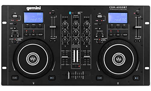  Gemini Sound Sound CDM-4000BT Stand Alone Bluetooth Streaming Professional DJ Dual Deck Media Player Mixer CD/CDR USB Playback 2 Band Equalizer Manual Looping Sensitive Jog Wheels, XLR Output, Anti-Shock...