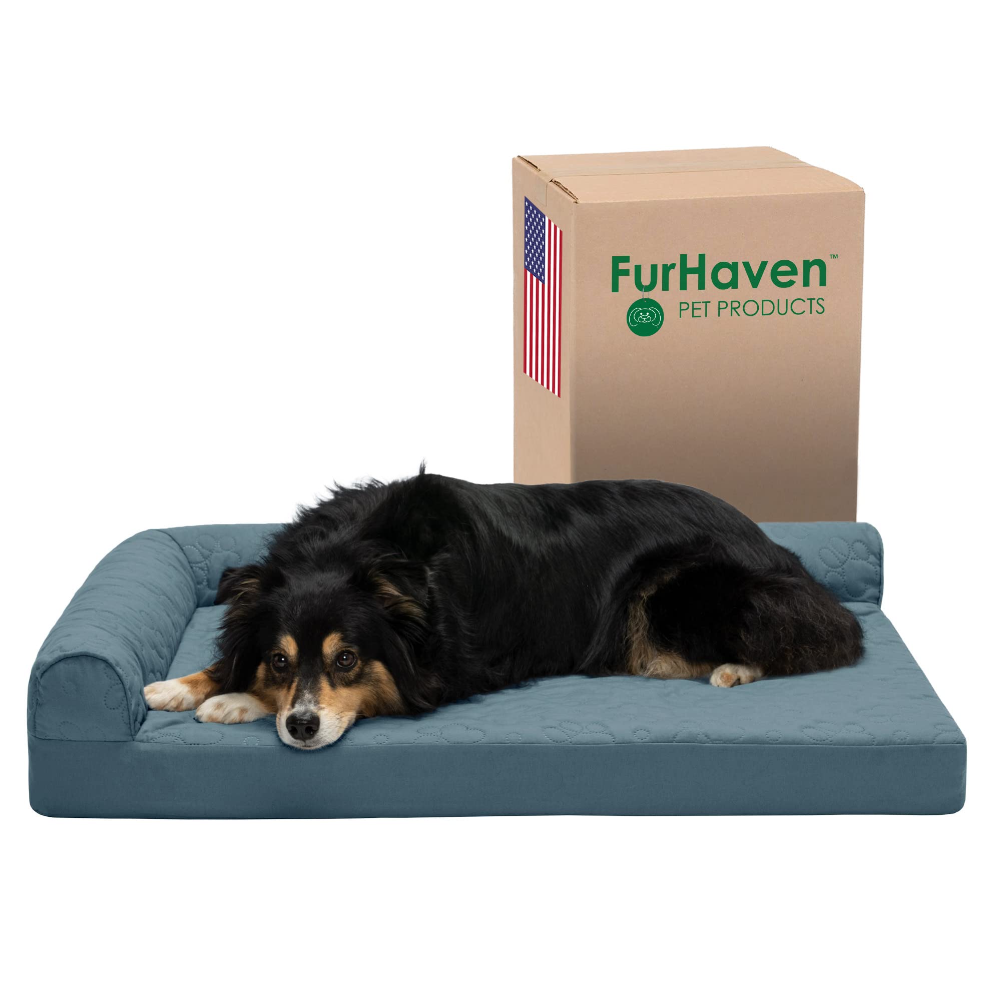 Furhaven Cooling Gel Dog Bed for Large/Medium Dogs w/ Removable Bolsters & Washable Cover, For Dogs Up to 55 lbs - Pinsonic Quilted Paw L Shaped Chaise - Bluestone, Large