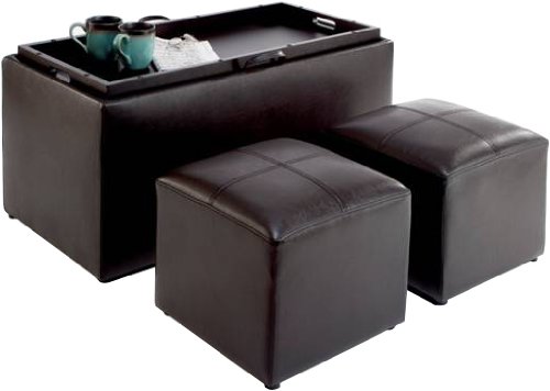 Convenience Concepts Sheridan Espresso Leather 3PC Double Storage Ottoman with Tray Plus 2 Side Ottomans